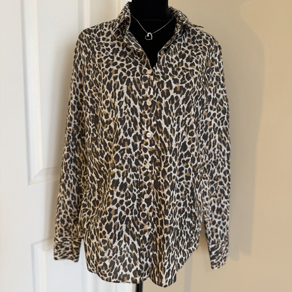 J. Crew Women The Perfect Shirt Leopard Print Sz 12 Blouse Button-Up 100% Cotton